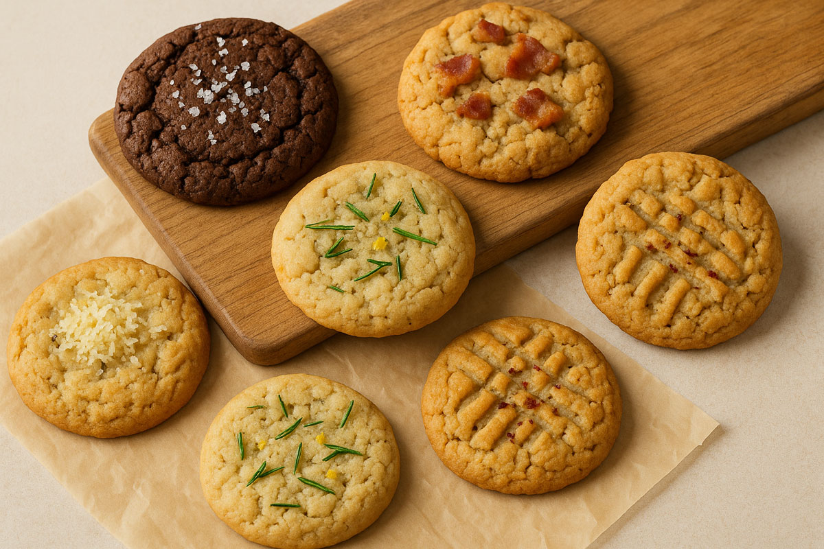 An assortment of sweet and savory cookies displayed on parchment and a wooden board, featuring unique toppings like sea salt, bacon, rosemary, Parmesan, and chili flakes, arranged in a warm, inviting landscape layout.