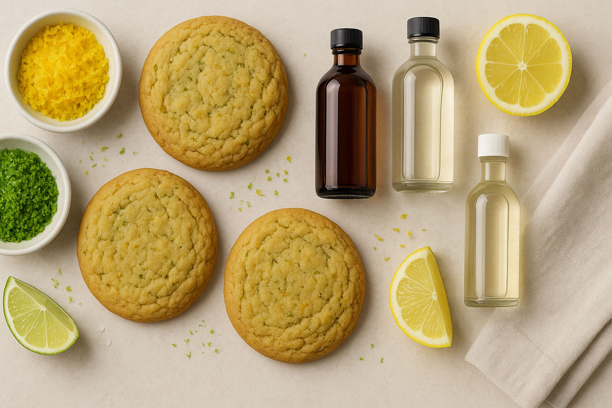 Four golden cookies infused with lemon and lime zest surrounded by bowls of grated zest, bottles of vanilla and citrus extracts, and slices of fresh lemon and lime, arranged on a neutral background to illustrate flavor layering in cookies.