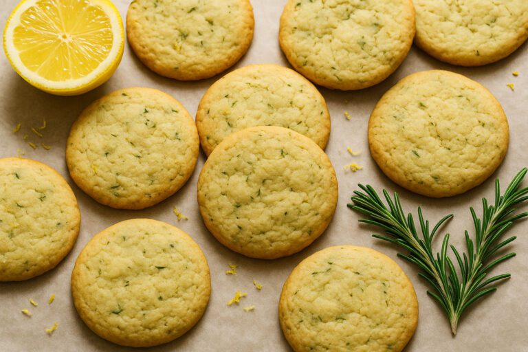 Freshly baked lemon rosemary cookies arranged on parchment paper, with a halved lemon and a sprig of rosemary beside them, highlighting the natural ingredients used in the recipe.