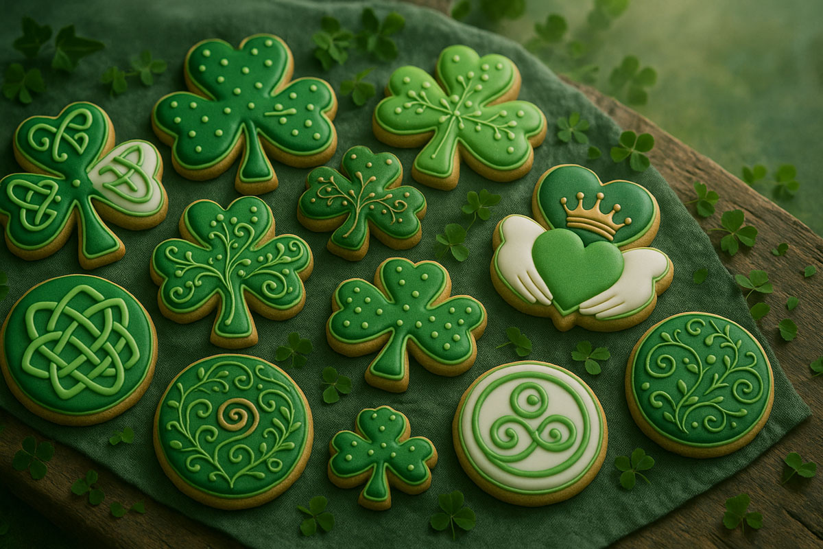 An assortment of Celtic-themed cookies decorated in green icing, featuring shamrocks, Celtic knots, Claddagh hearts, and spirals, arranged on a rustic wooden table with clover leaves and a green linen cloth.