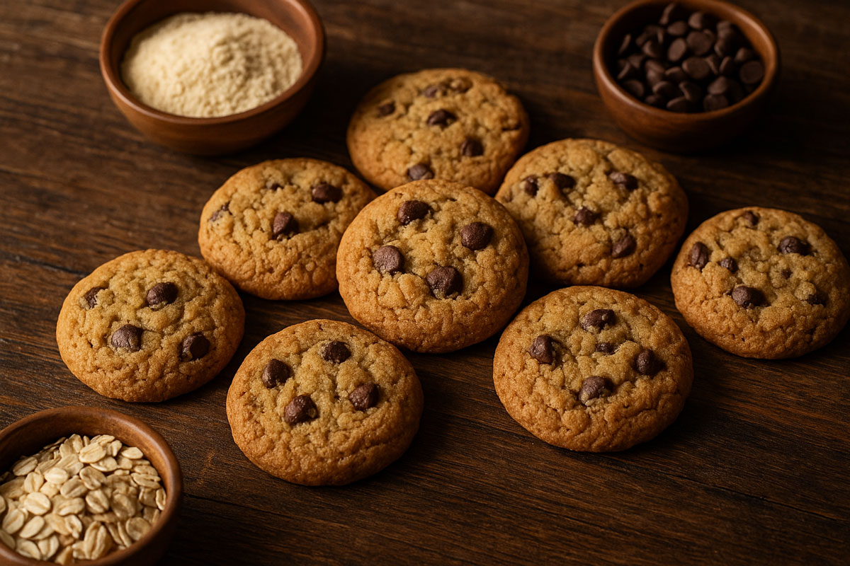 Freshly baked gluten-free chocolate chip cookies arranged on a rustic wooden table, surrounded by small wooden bowls filled with almond flour, oats, and chocolate chips, in warm natural light.