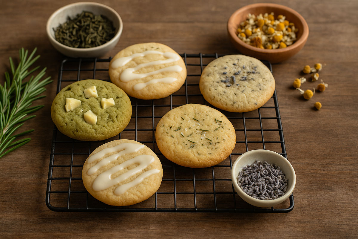 Assorted tea and herb-infused cookies on a cooling rack, including matcha green tea, chamomile, lavender, and rosemary cookies, with loose herbs and tea leaves arranged around them on a rustic wooden table.