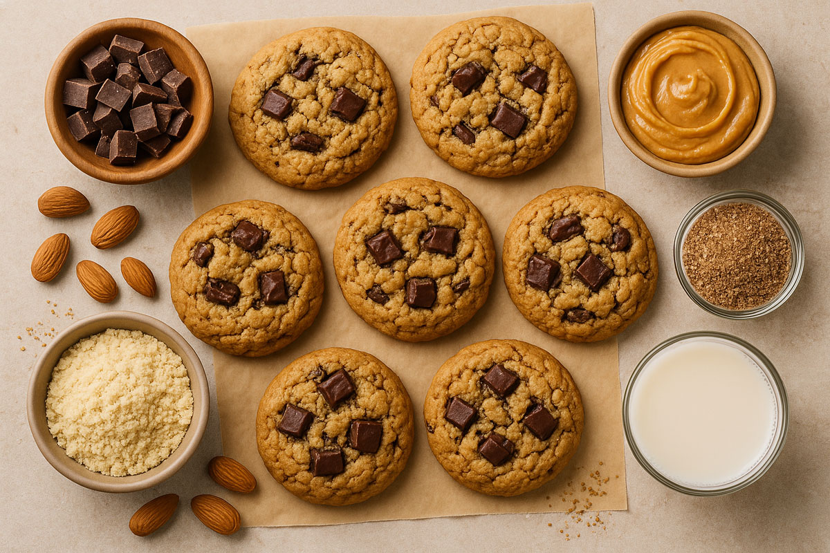 Freshly baked vegan chocolate chip cookies on parchment paper, surrounded by plant-based ingredients including almond milk, flaxseed, peanut butter, almonds, and dairy-free chocolate chunks.
