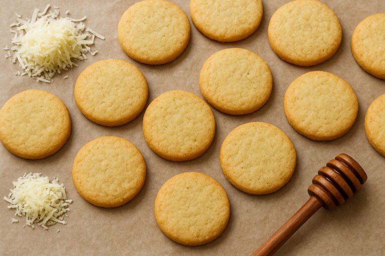 Golden Parmesan and honey cookies arranged on parchment paper, with shredded Parmesan cheese on the side and a wooden honey dipper in the corner, highlighting the savory-sweet ingredients.