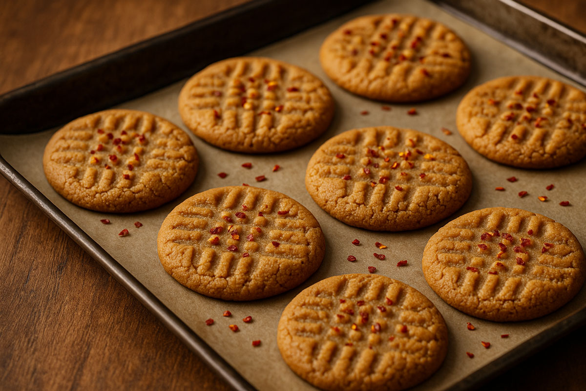Freshly baked golden-brown peanut butter cookies topped with red chili flakes, cooling on a parchment-lined baking sheet in warm, soft lighting.