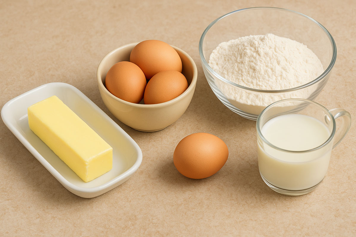 Room temperature baking ingredients including a stick of butter, brown eggs in a bowl, flour in a glass bowl, and a glass cup of milk, all arranged on a warm-toned countertop.