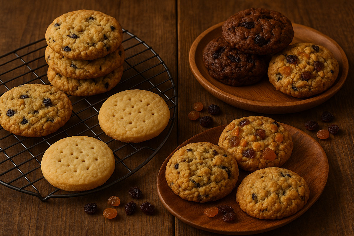 Assortment of traditional Irish-inspired cookies on a rustic wooden table, including shortbread, porter cake cookies with dried fruit, soda bread cookies, and spiced barmbrack-style cookies.