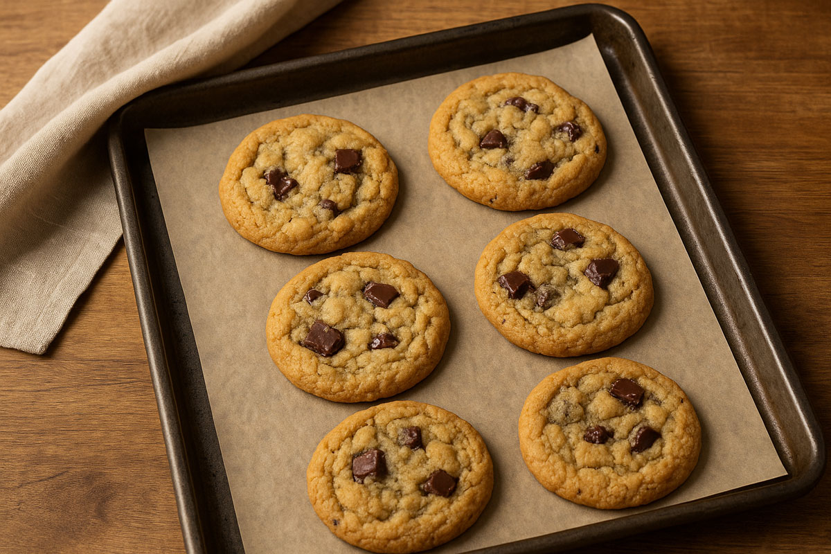 Small batch of six freshly baked chocolate chip cookies on a parchment-lined baking tray, golden brown with melted chocolate chunks, on a rustic wooden table.