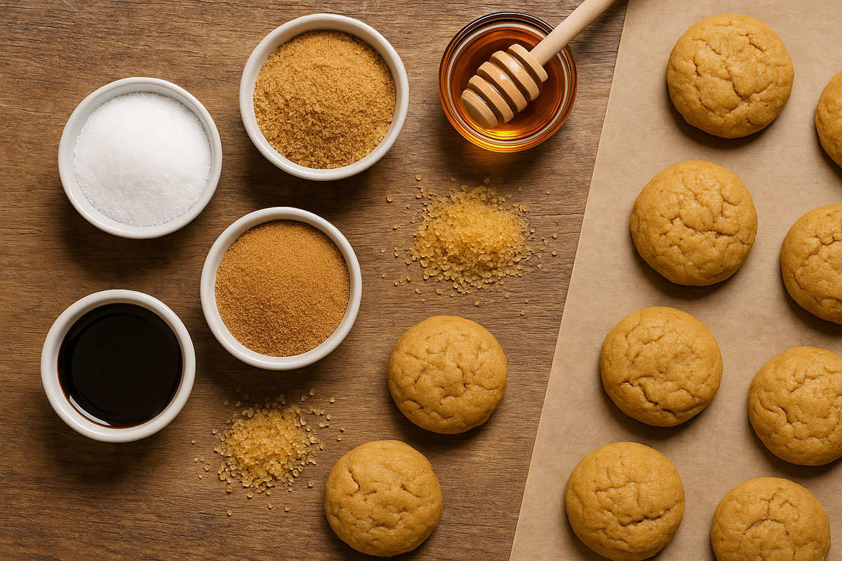 Baking ingredients displayed as brown sugar substitutes, including white sugar, molasses, honey, and raw sugar, arranged beside freshly baked cookies on parchment paper.